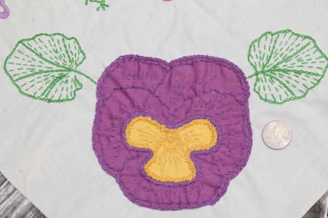 photo of vintage cotton quilt blocks, applique embroidered pansy flowers in lavender & yellow #4