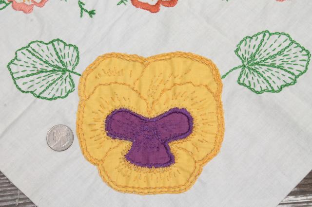 photo of vintage cotton quilt blocks, applique embroidered pansy flowers in lavender & yellow #6