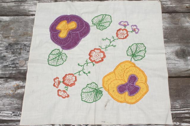 photo of vintage cotton quilt blocks, applique embroidered pansy flowers in lavender & yellow #7