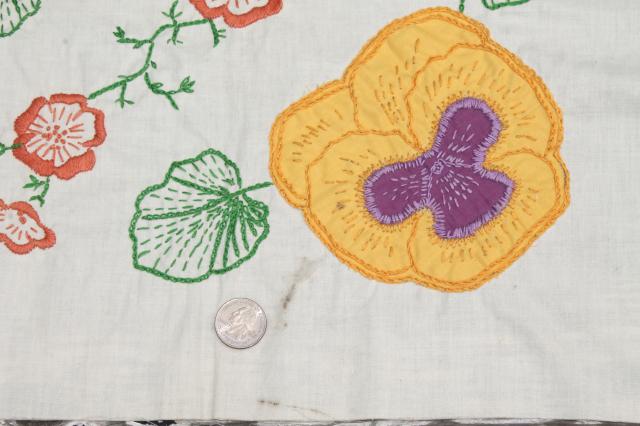 photo of vintage cotton quilt blocks, applique embroidered pansy flowers in lavender & yellow #8