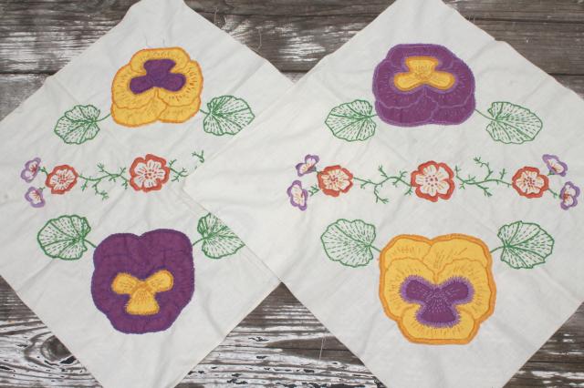 photo of vintage cotton quilt blocks, applique embroidered pansy flowers in lavender & yellow #9