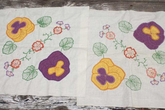 photo of vintage cotton quilt blocks, applique embroidered pansy flowers in lavender & yellow #10