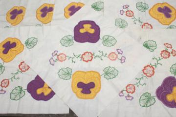 catalog photo of vintage cotton quilt blocks, applique embroidered pansy flowers in lavender & yellow