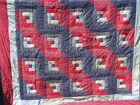 photo of vintage cotton quilt comforter, log cabin patchwork in red and navy blue #1