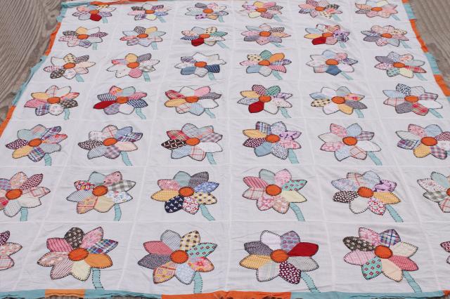 photo of vintage cotton quilt top, applique flowers w/ embroidery stitching, bohemian print sunflowers #1