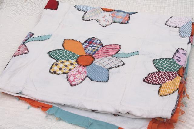 photo of vintage cotton quilt top, applique flowers w/ embroidery stitching, bohemian print sunflowers #5