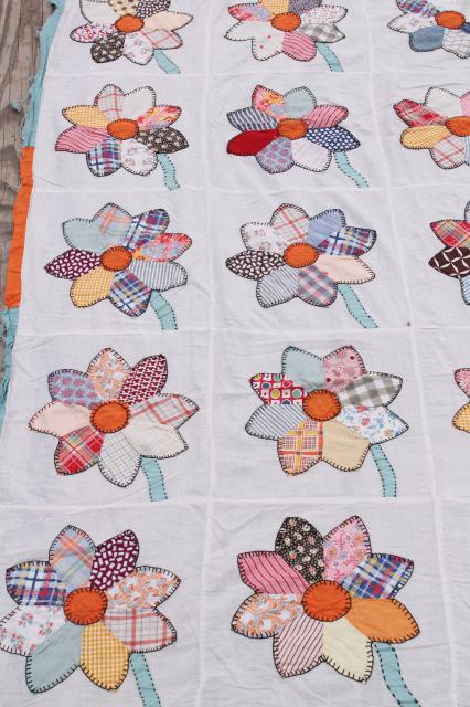 photo of vintage cotton quilt top, applique flowers w/ embroidery stitching, bohemian print sunflowers #9