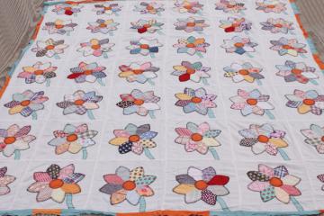 catalog photo of vintage cotton quilt top, applique flowers w/ embroidery stitching, bohemian print sunflowers