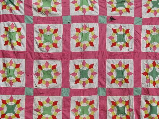 photo of vintage cotton quilt top, old hand-stitched compass pointed star blocks #1