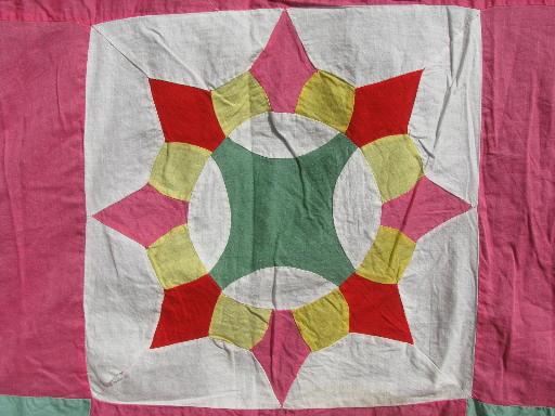 photo of vintage cotton quilt top, old hand-stitched compass pointed star blocks #2