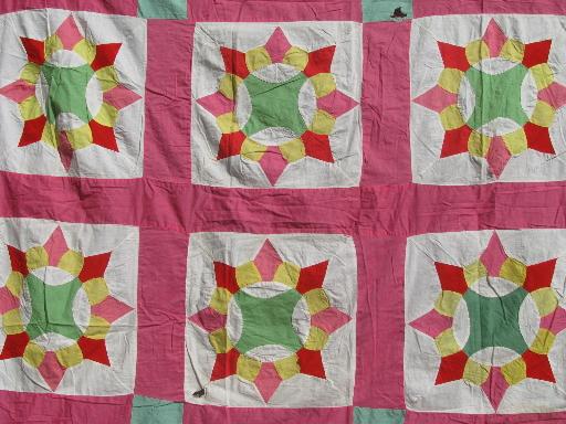 photo of vintage cotton quilt top, old hand-stitched compass pointed star blocks #3