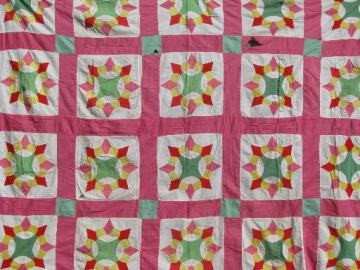 catalog photo of vintage cotton quilt top, old hand-stitched compass pointed star blocks