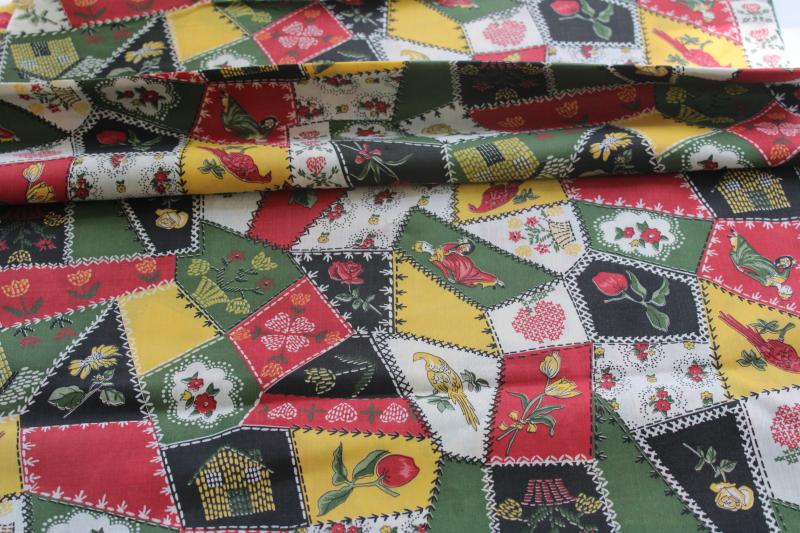 photo of vintage cotton quilting fabric, crazy quilt embroidery stitching patchwork print  #1