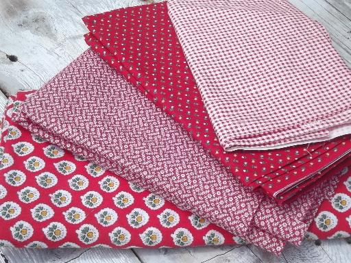 photo of vintage cotton quilting fabric lot, red & white gingham & flowered prints #1