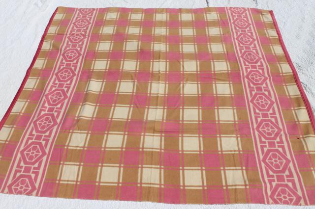 photo of vintage cotton / rayon camp blanket, pink & tan plush bed blanket never used #4