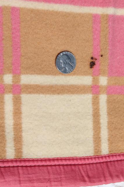 photo of vintage cotton / rayon camp blanket, pink & tan plush bed blanket never used #5