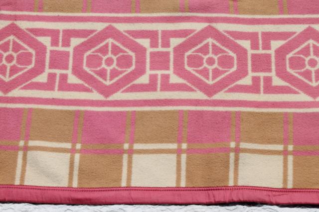 photo of vintage cotton / rayon camp blanket, pink & tan plush bed blanket never used #6