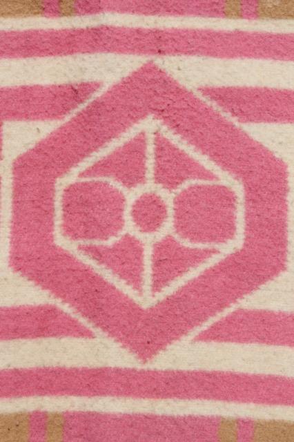 photo of vintage cotton / rayon camp blanket, pink & tan plush bed blanket never used #8