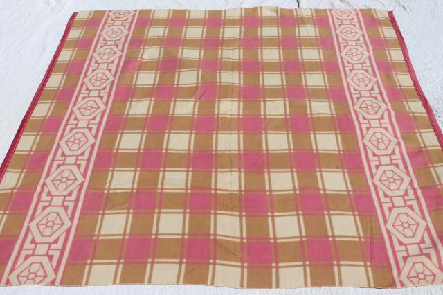 photo of vintage cotton / rayon camp blanket, pink & tan plush bed blanket never used #10