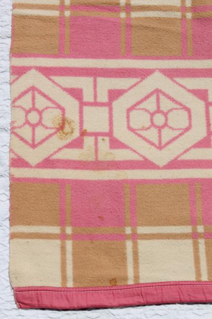 photo of vintage cotton / rayon camp blanket, pink & tan plush bed blanket never used #11