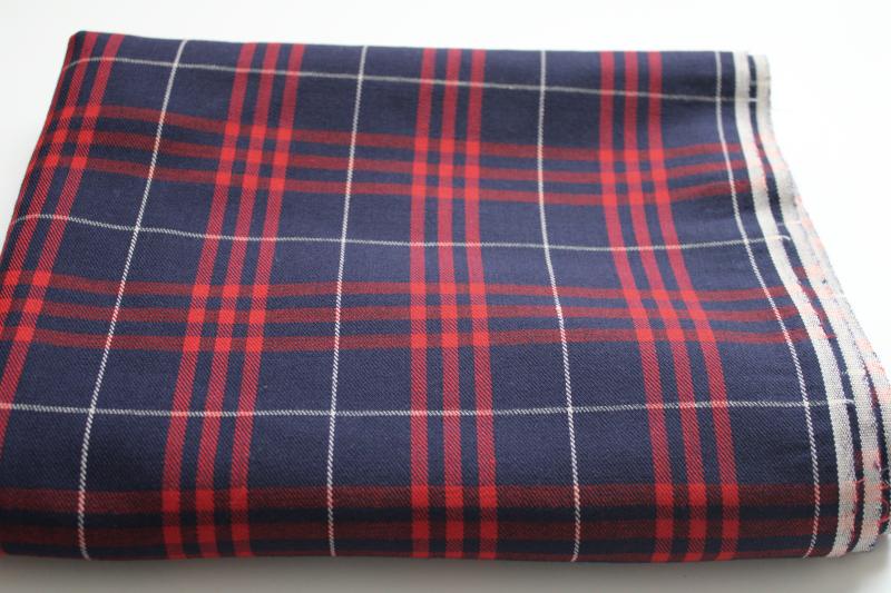 photo of vintage cotton rayon fabric, navy blue & red tartan plaid, soft twilled weave material #1