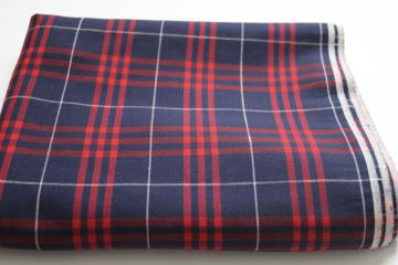 catalog photo of vintage cotton rayon fabric, navy blue & red tartan plaid, soft twilled weave material