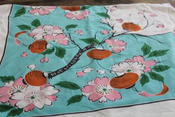 catalog photo of vintage cotton rayon tablecloth, Sakura cherry blossom w/ Japanese lanterns print