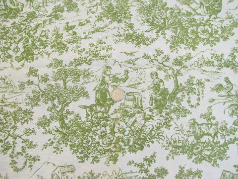 photo of vintage cotton / rayon toile fabric, pastoral scenes w/ goats, green on white #1
