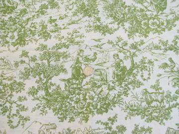 catalog photo of vintage cotton / rayon toile fabric, pastoral scenes w/ goats, green on white