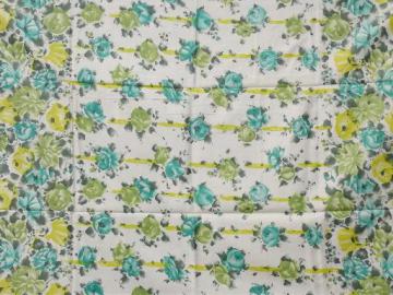 catalog photo of vintage cotton sateen fabric, aqua / yellow roses and ribbons floral print