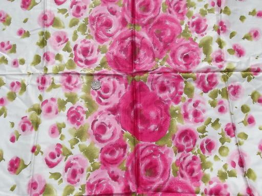 photo of vintage cotton sateen fabric panel floral print, shocking pink roses #1