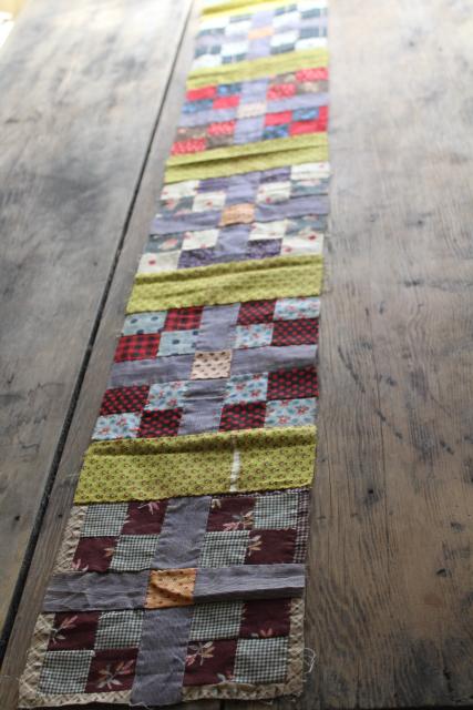 photo of vintage cotton scrap patchwork quilt block table runner for primitive country kitchen #1