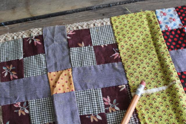 photo of vintage cotton scrap patchwork quilt block table runner for primitive country kitchen #2