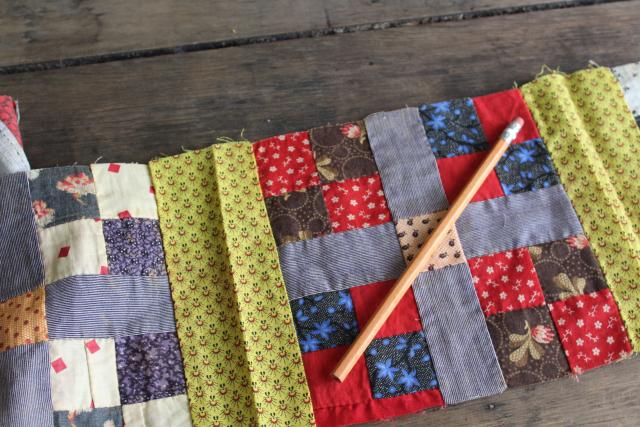 photo of vintage cotton scrap patchwork quilt block table runner for primitive country kitchen #4