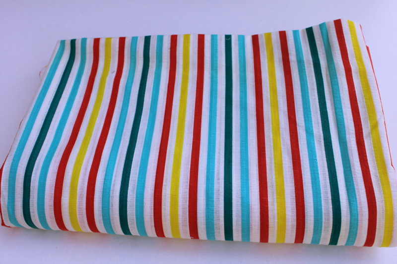 photo of vintage cotton seersucker fabric, aqua yellow red teal stripes on crisp white #1