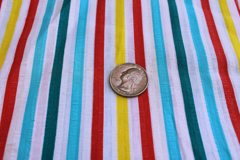 photo of vintage cotton seersucker fabric, aqua yellow red teal stripes on crisp white #2