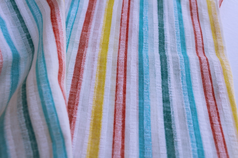 photo of vintage cotton seersucker fabric, aqua yellow red teal stripes on crisp white #3