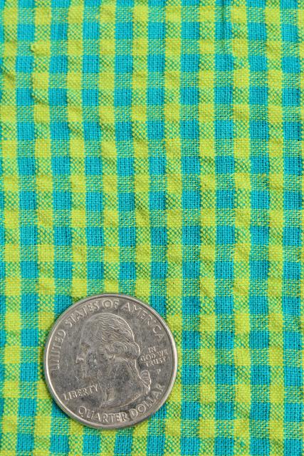 photo of vintage cotton seersucker fabric, gingham check lime green & aqua blue #1