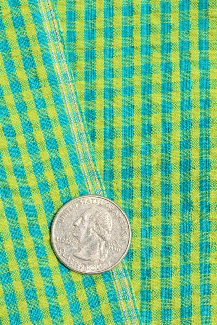 photo of vintage cotton seersucker fabric, gingham check lime green & aqua blue #3