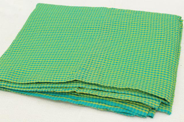 photo of vintage cotton seersucker fabric, gingham check lime green & aqua blue #4