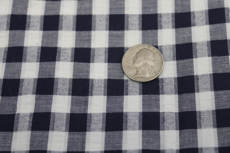 photo of vintage cotton seersucker fabric, navy blue & white gingham checked woven pattern #3