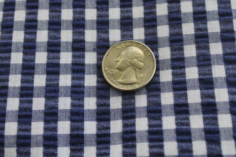 photo of vintage cotton seersucker fabric, preppy navy blue & white checked gingham #3