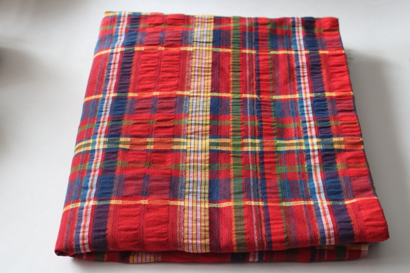 photo of vintage cotton seersucker puckered texture fabric w/ woven plaid red, navy, green, yellow  #1