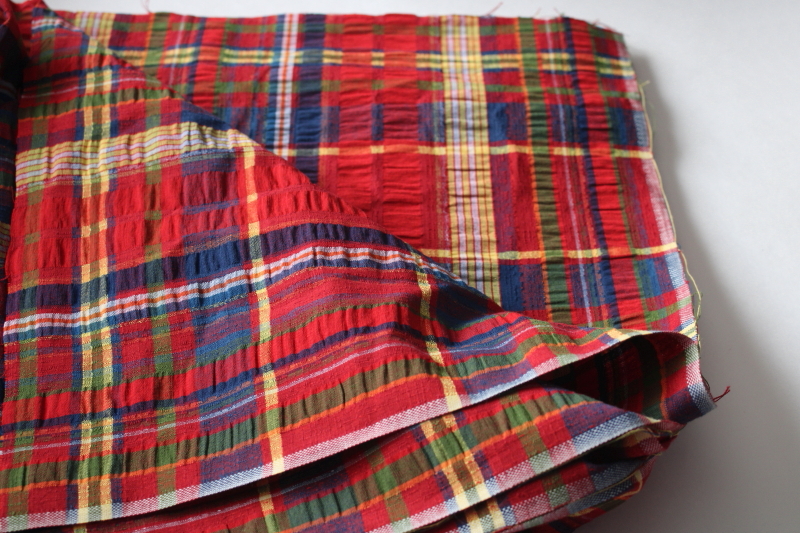 photo of vintage cotton seersucker puckered texture fabric w/ woven plaid red, navy, green, yellow  #2