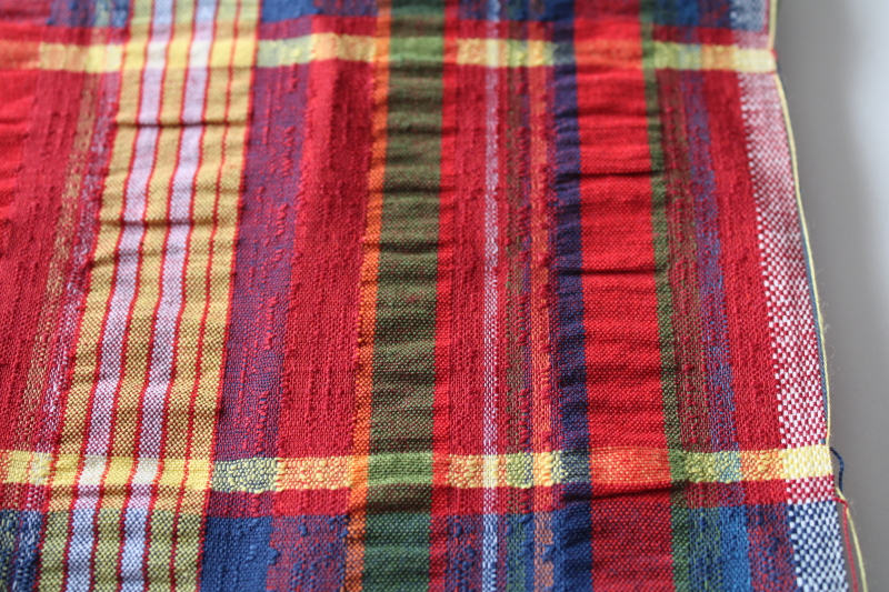 photo of vintage cotton seersucker puckered texture fabric w/ woven plaid red, navy, green, yellow  #3