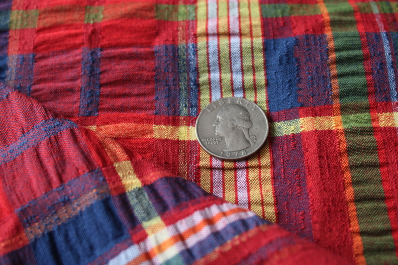 photo of vintage cotton seersucker puckered texture fabric w/ woven plaid red, navy, green, yellow  #4