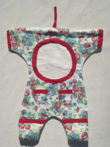 photo of vintage cotton sewing / mending bag, flowered print rompers on hanger! #1