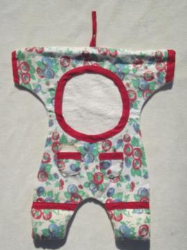 catalog photo of vintage cotton sewing / mending bag, flowered print rompers on hanger!