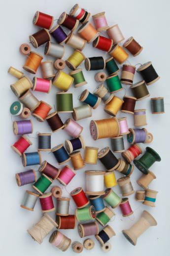 photo of vintage cotton sewing thread lot, 80 wood spools with a rainbow of threads #1