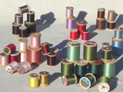 photo of vintage cotton sewing thread lot, a rainbow of threads on old wood spools #1